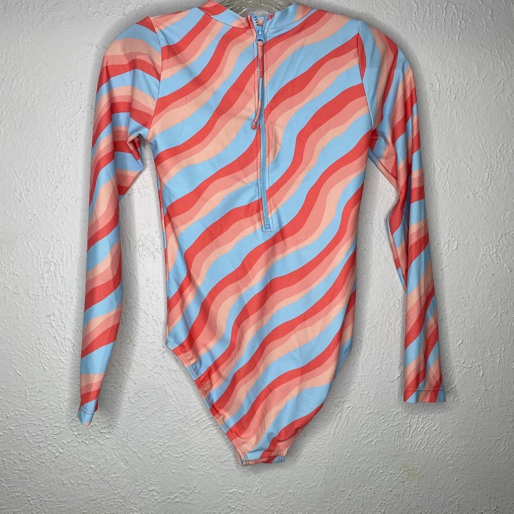 Feather 4 Arrow, girl's size 14, long sleeved one piece surf suit in blue/coral. - Picture 5 of 8